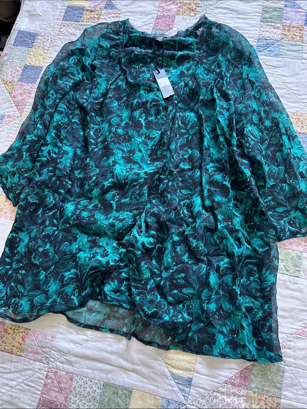 P—SILK women’s Teal Floral Blouse - Lightweight Long Sleeve Top